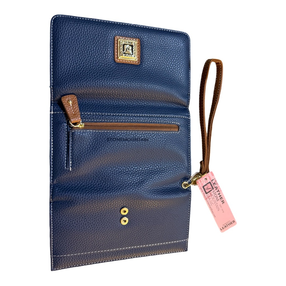 Stone Mountain Leather Navy Tan Wristlet Wallet NWT $68 trifold ID window card - Picture 5 of 9